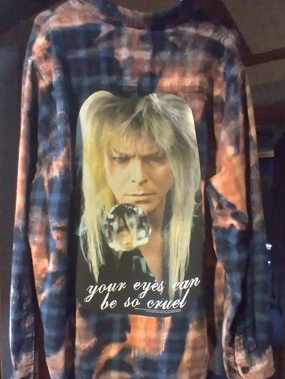 Upcycled Bleached Flannel Shirt W/ Vintage LABYRINTH movie Back Patch